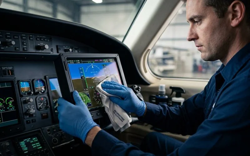 Avionics cockpit cleaning in progress