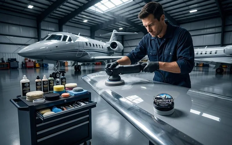 Brightwork polishing in progress on aircraft