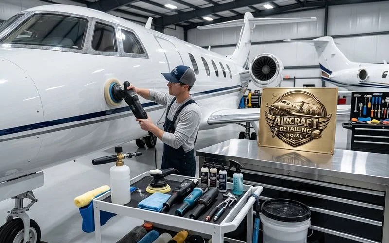 Technician performing exterior detailing on jet